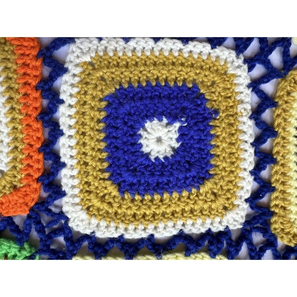 Vtg Squares Crochet Afghan 70's Granny Blanket Multicolor 43
